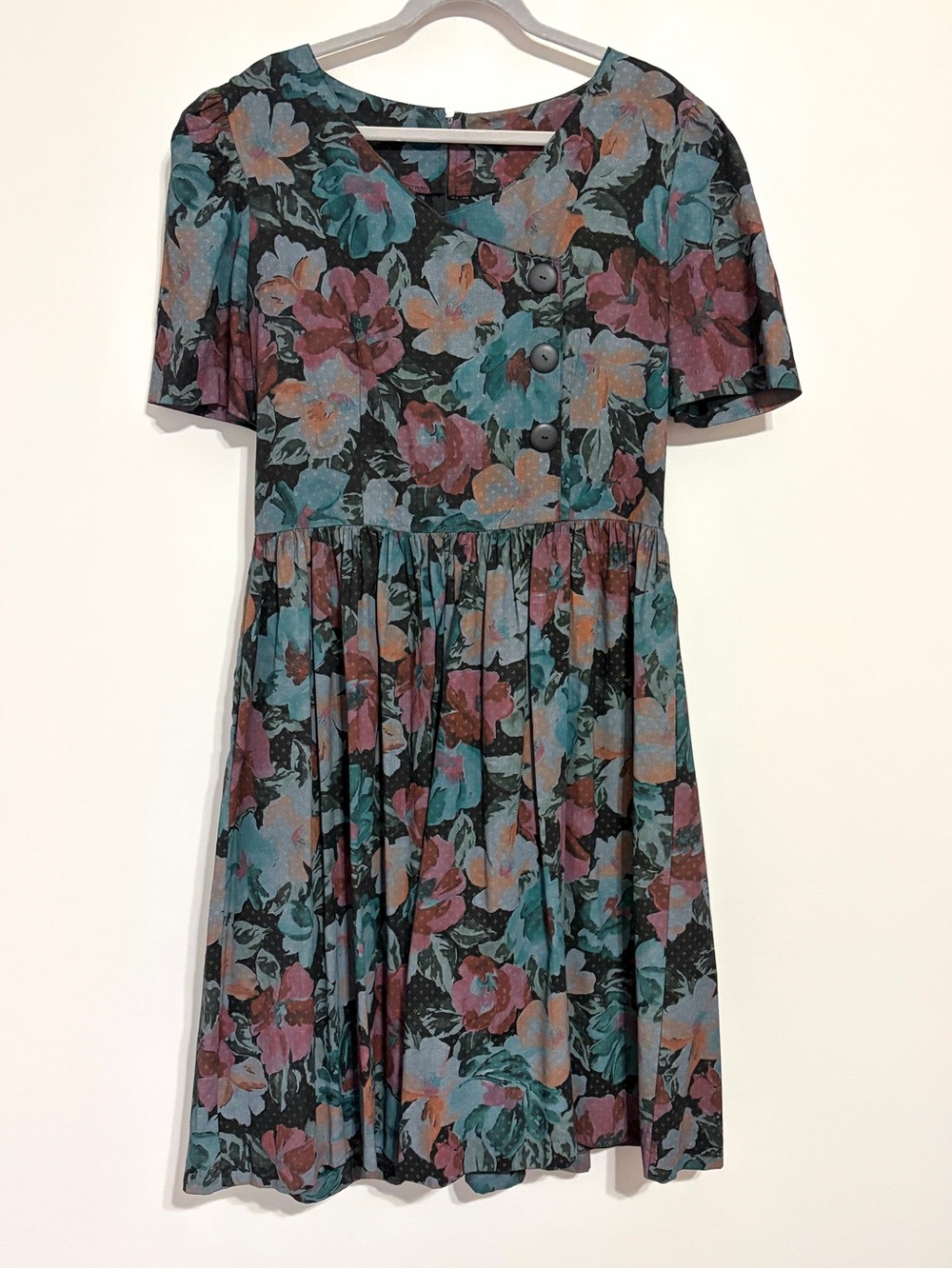 Vintage 1980s JB Too Floral Short Sleeve Fit-and-Flare Dress Moody Teal & Rose
